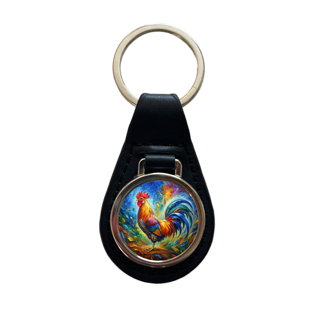 Rooster Abstract Art Black Leather Metal Keychain
