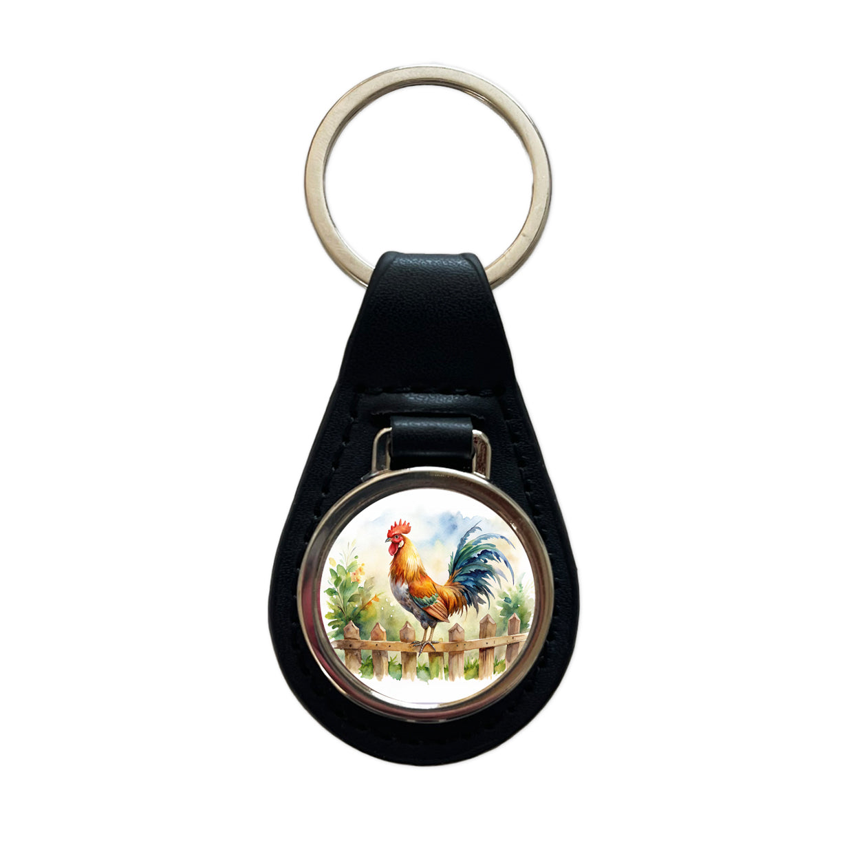 Rooster On Fence Watercolor Black Leather Metal Keychain