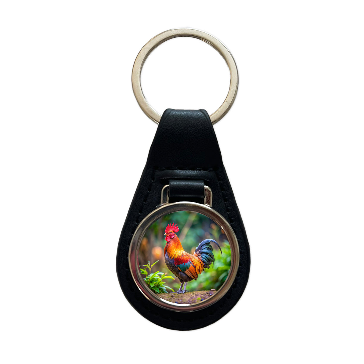 Rooster Black Leather Metal Keychain