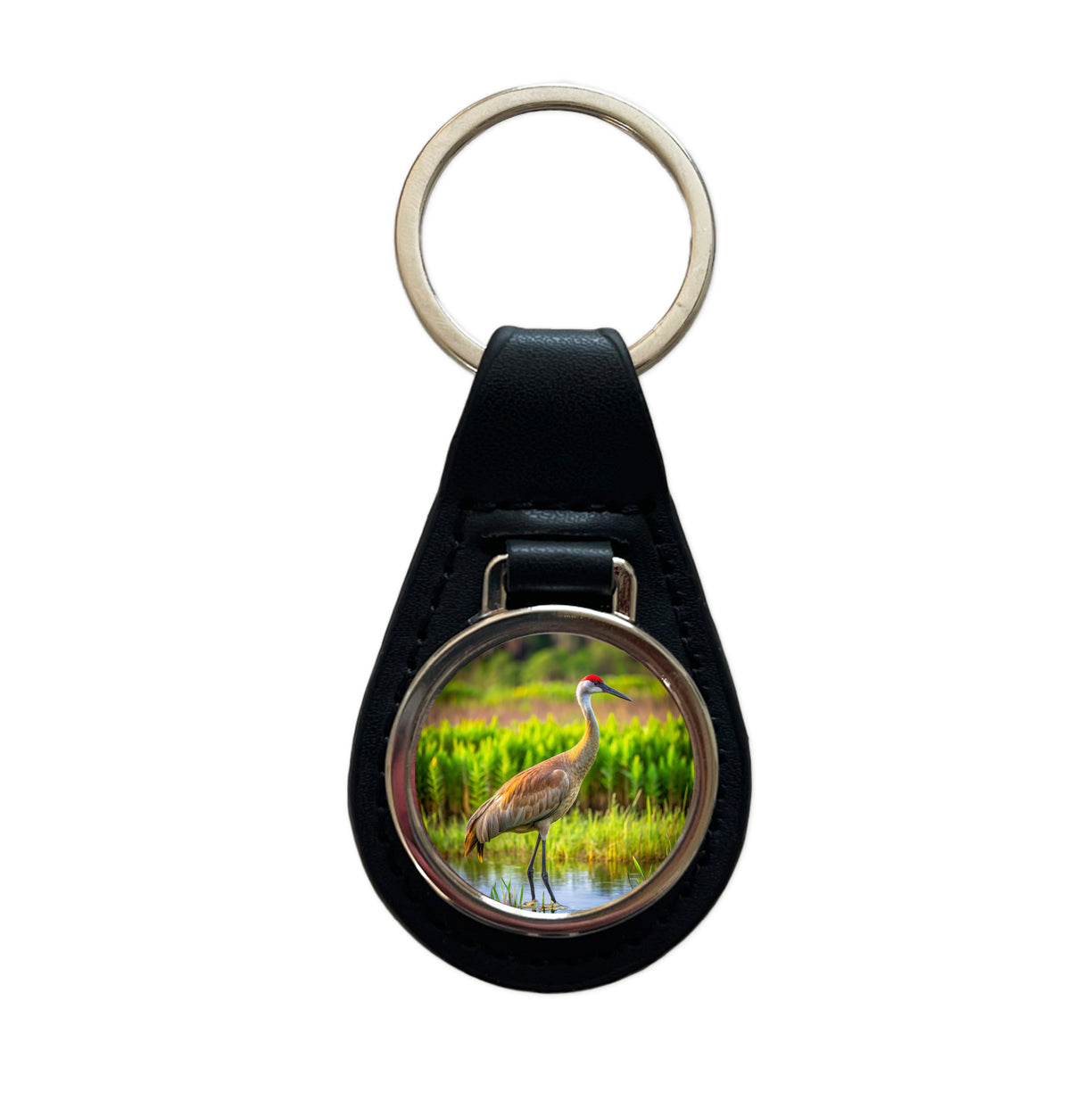 Sandhill Crane Black Leather Metal Keychain