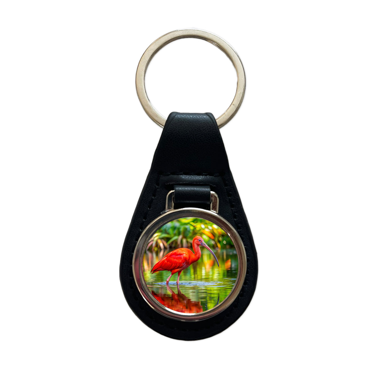 Scarlet Red Ibis Tropical Bird Black Leather Metal Keychain