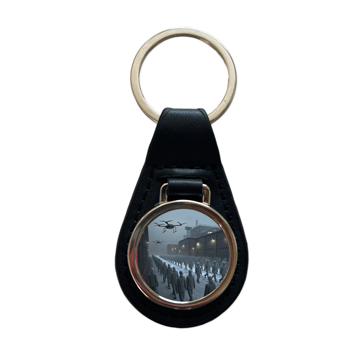 Sci-fi Futuristic Dystopian Society of Mindless Drones Black Leather Metal Keychain