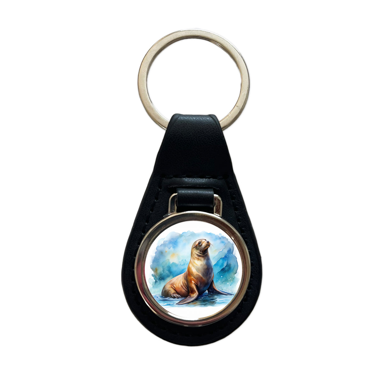 Sea Lion Watercolor Black Leather Metal Keychain