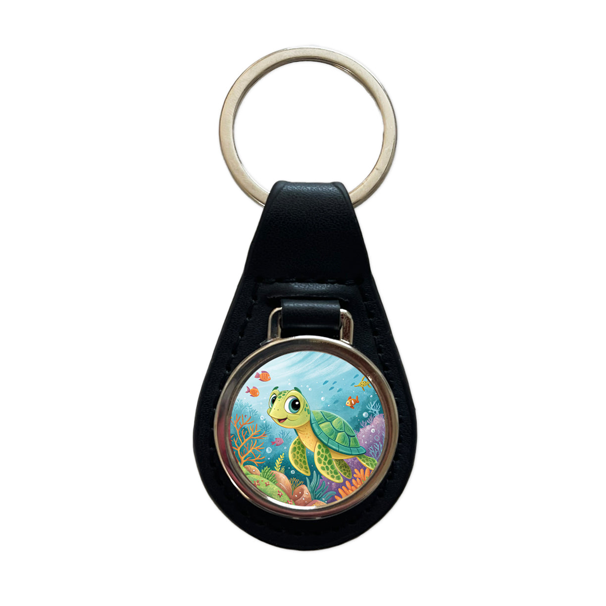 Sea Turtle Children's Illustration Style Black Leather Metal Keychain