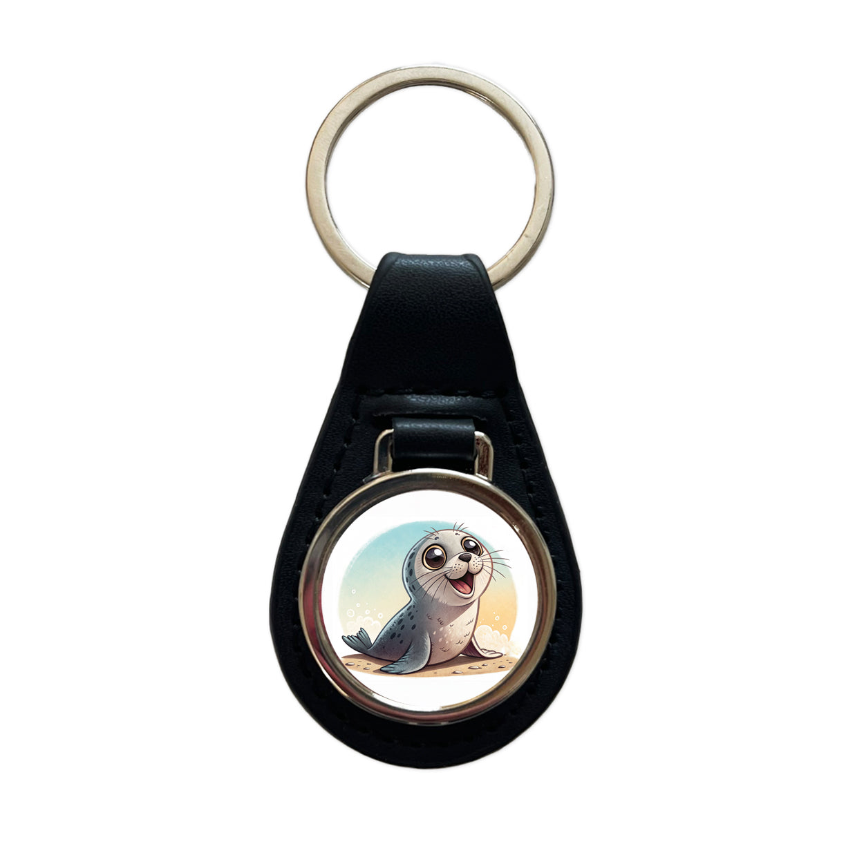 Seal Children's Illustration Style Black Leather Metal Keychain