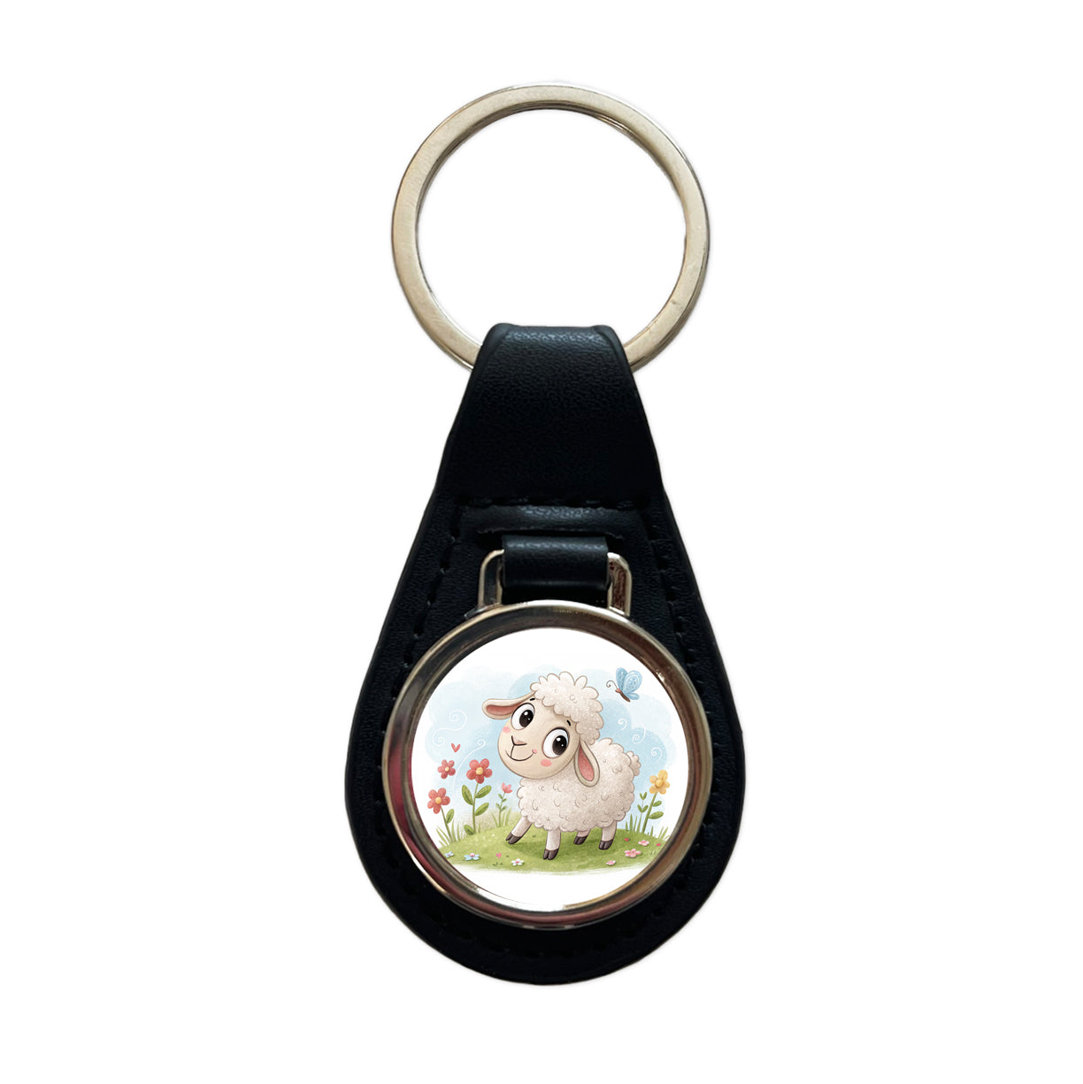 Sheep Lamb Children's Illustration Style Black Leather Metal Keychain