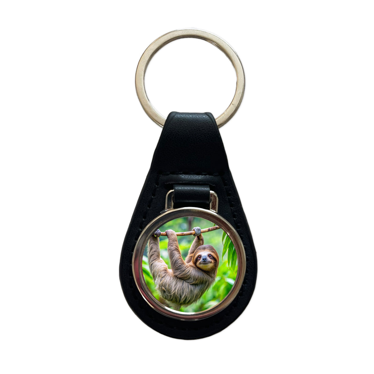 Sloth Hanging From Branch Black Leather Metal Keychain