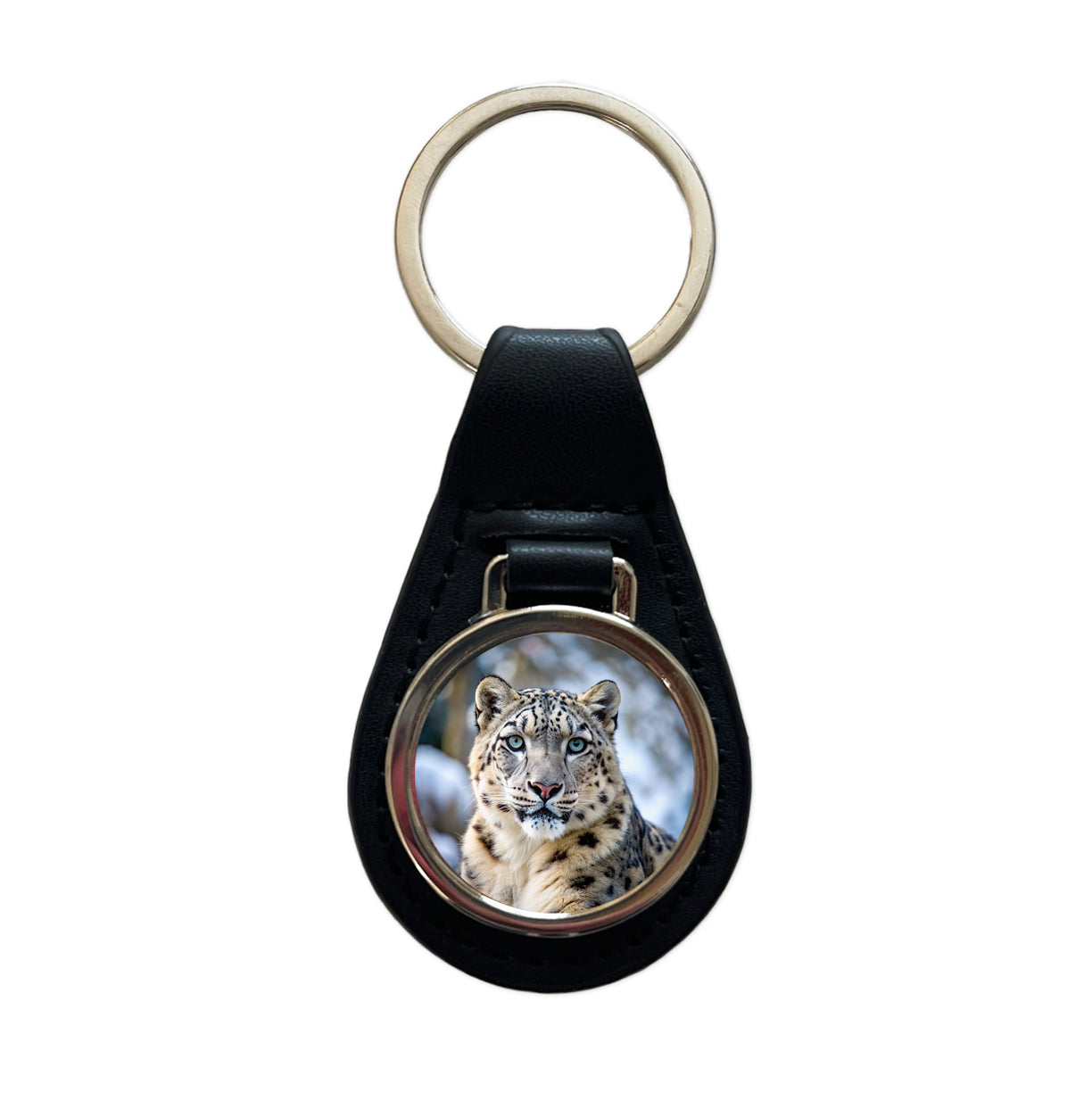 Snow Leopard Black Leather Metal Keychain