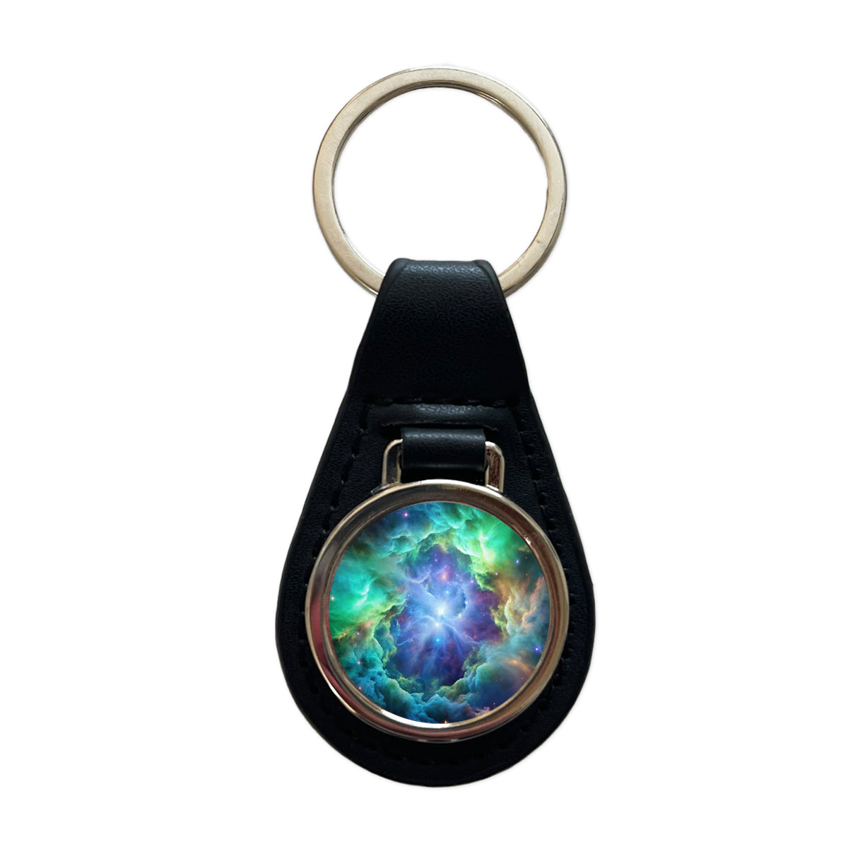 Space Galaxy Nebula Blue Purple Green Black Leather Metal Keychain