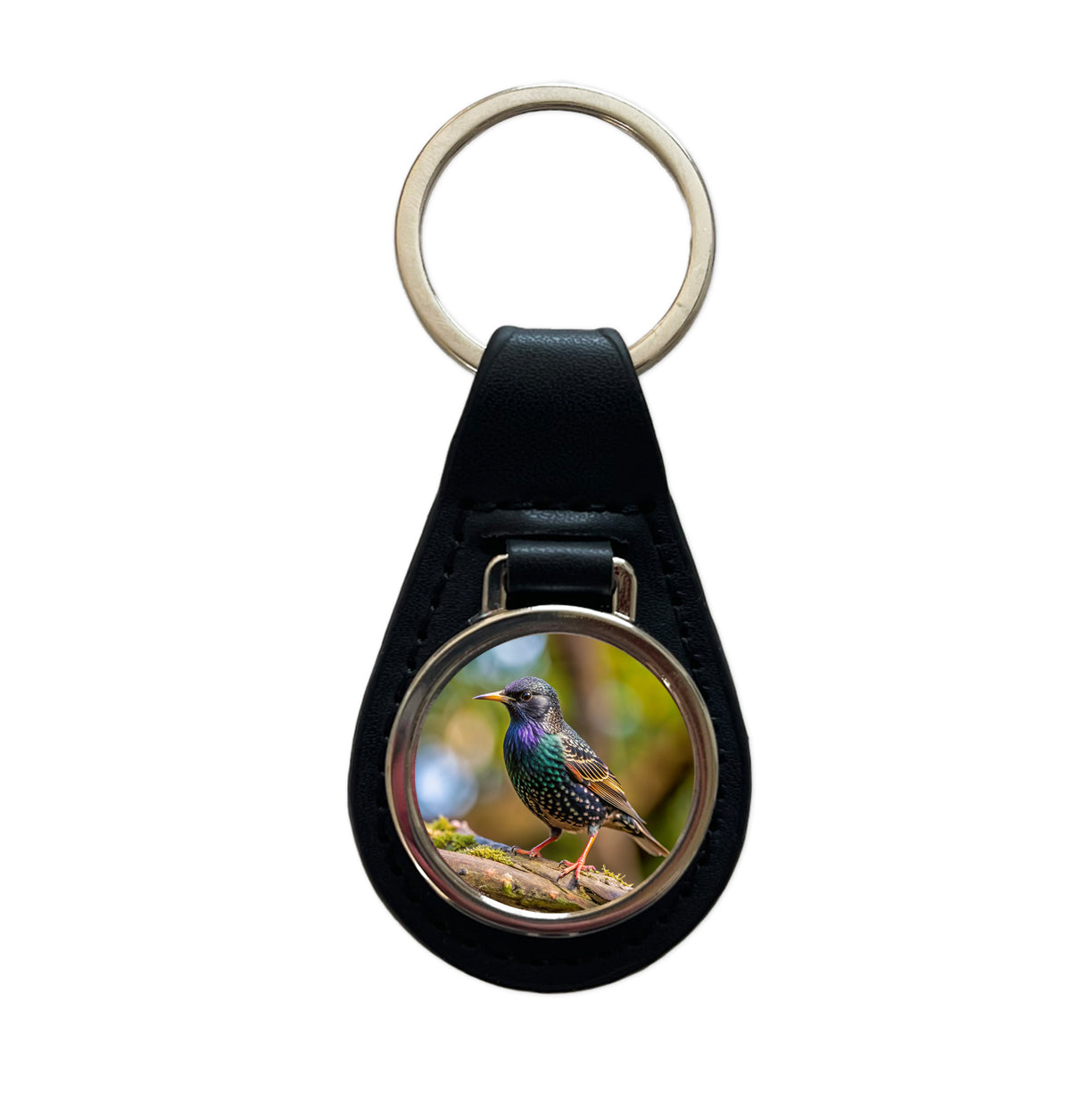 Starling Backyard Bird Black Leather Metal Keychain