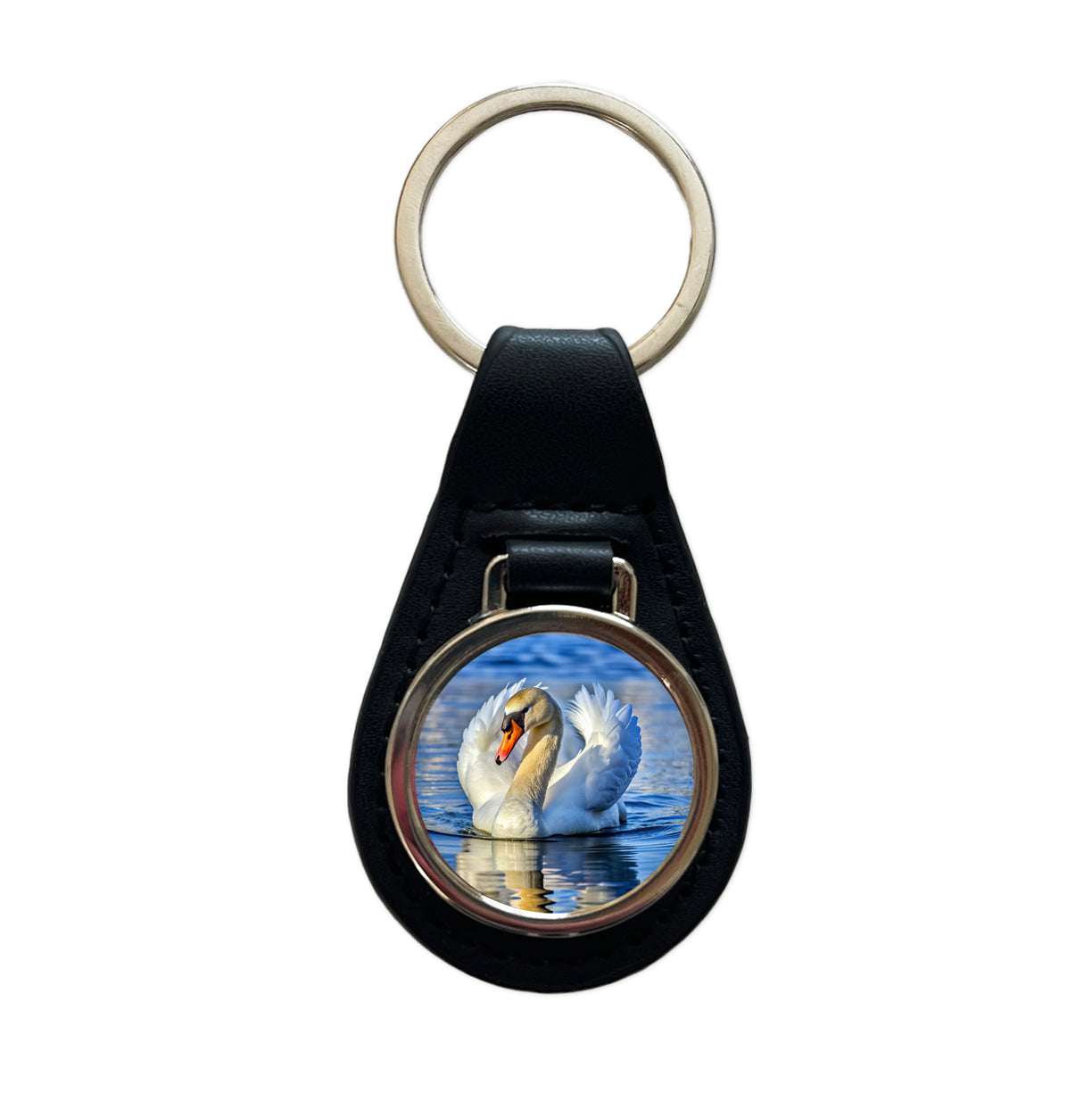 Swan Black Leather Metal Keychain
