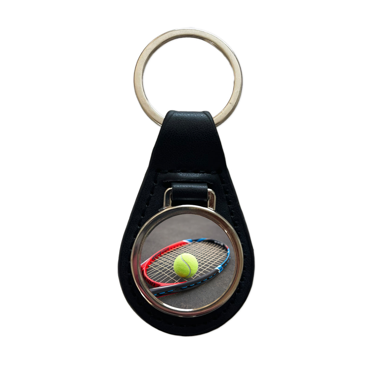 Tennis Racket and Ball Close-up Black Leather Metal Keychain