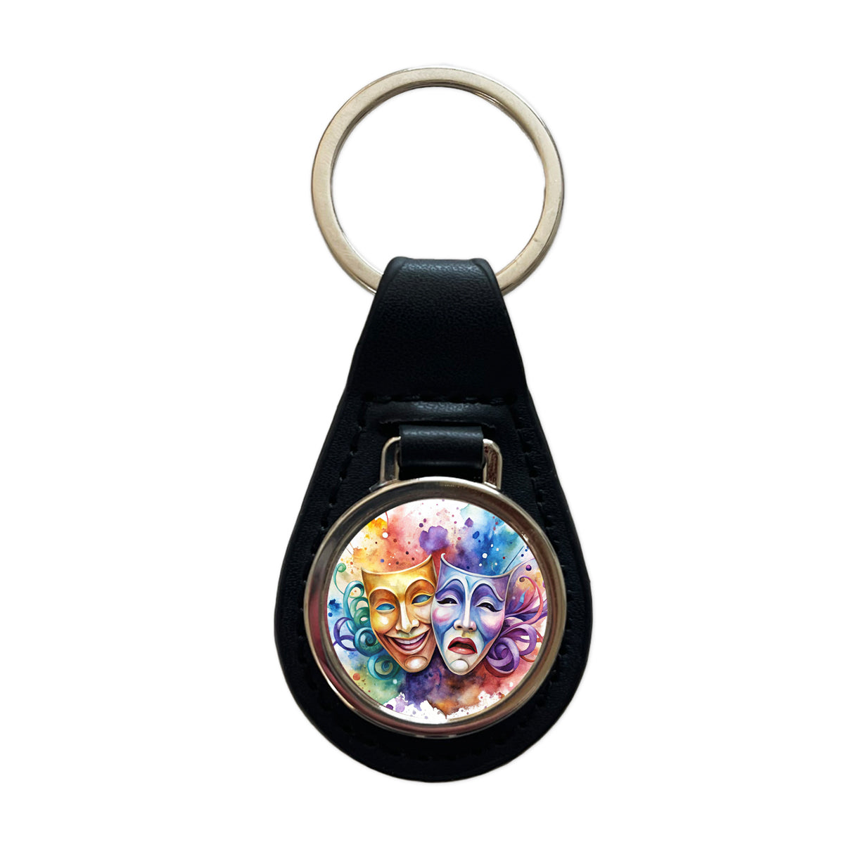 Theater Drama Masks Watercolor Black Leather Metal Keychain