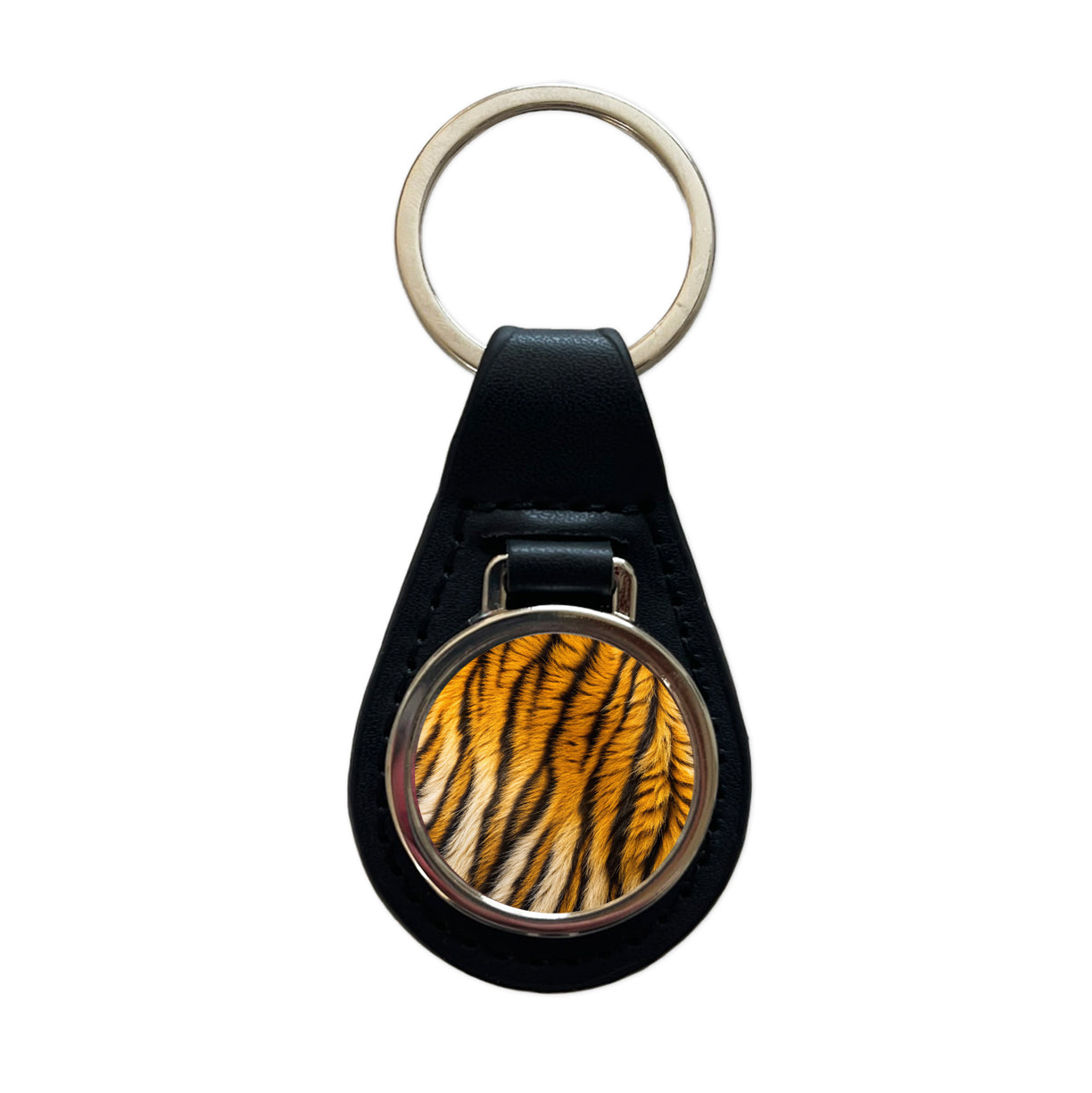 Tiger Stripes Fur Pattern Black Leather Metal Keychain
