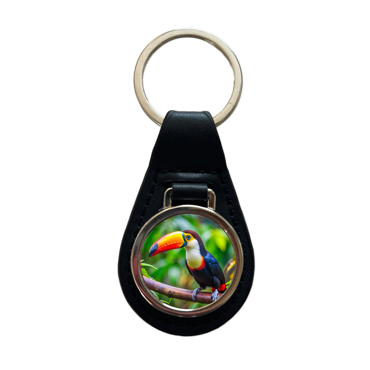 Toucan Bird Black Leather Metal Keychain