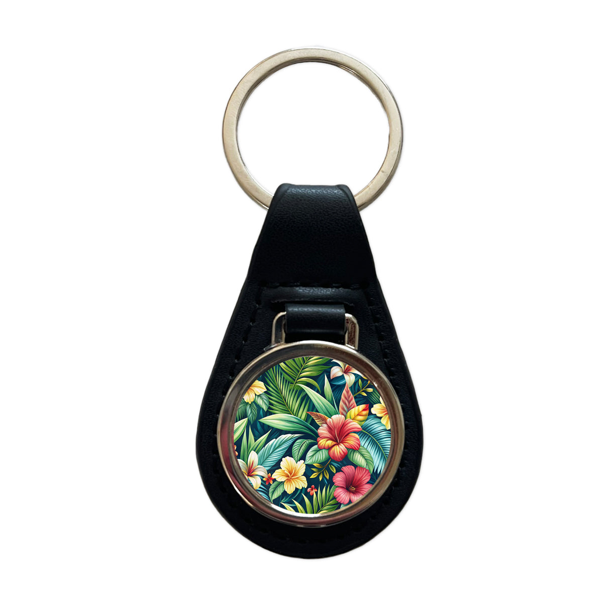 Tropical Hibiscus Pastel Floral Pattern Black Leather Metal Keychain