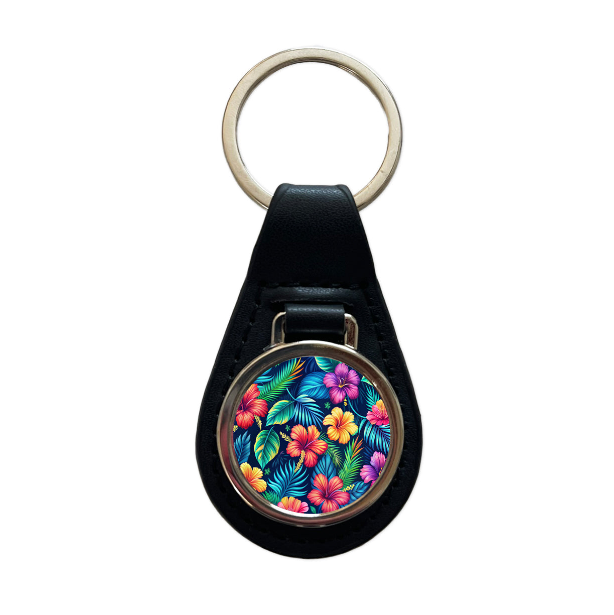 Tropical Neon Hibiscus Floral Pattern Black Leather Metal Keychain