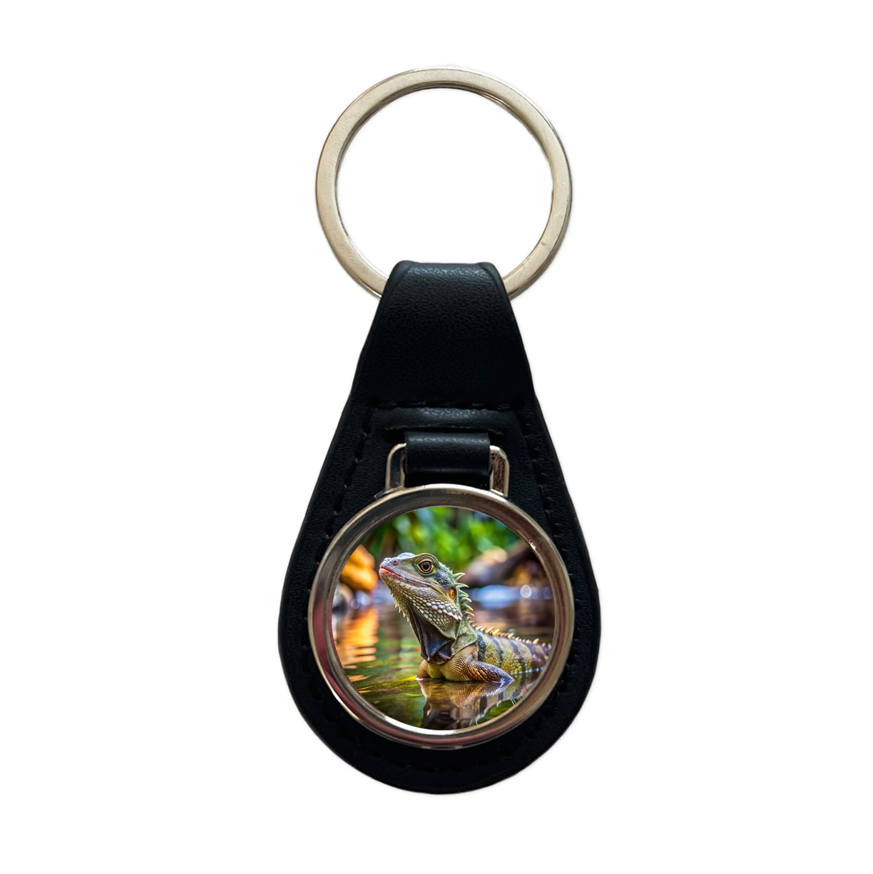 Water Dragon Lizard Reptile Black Leather Metal Keychain
