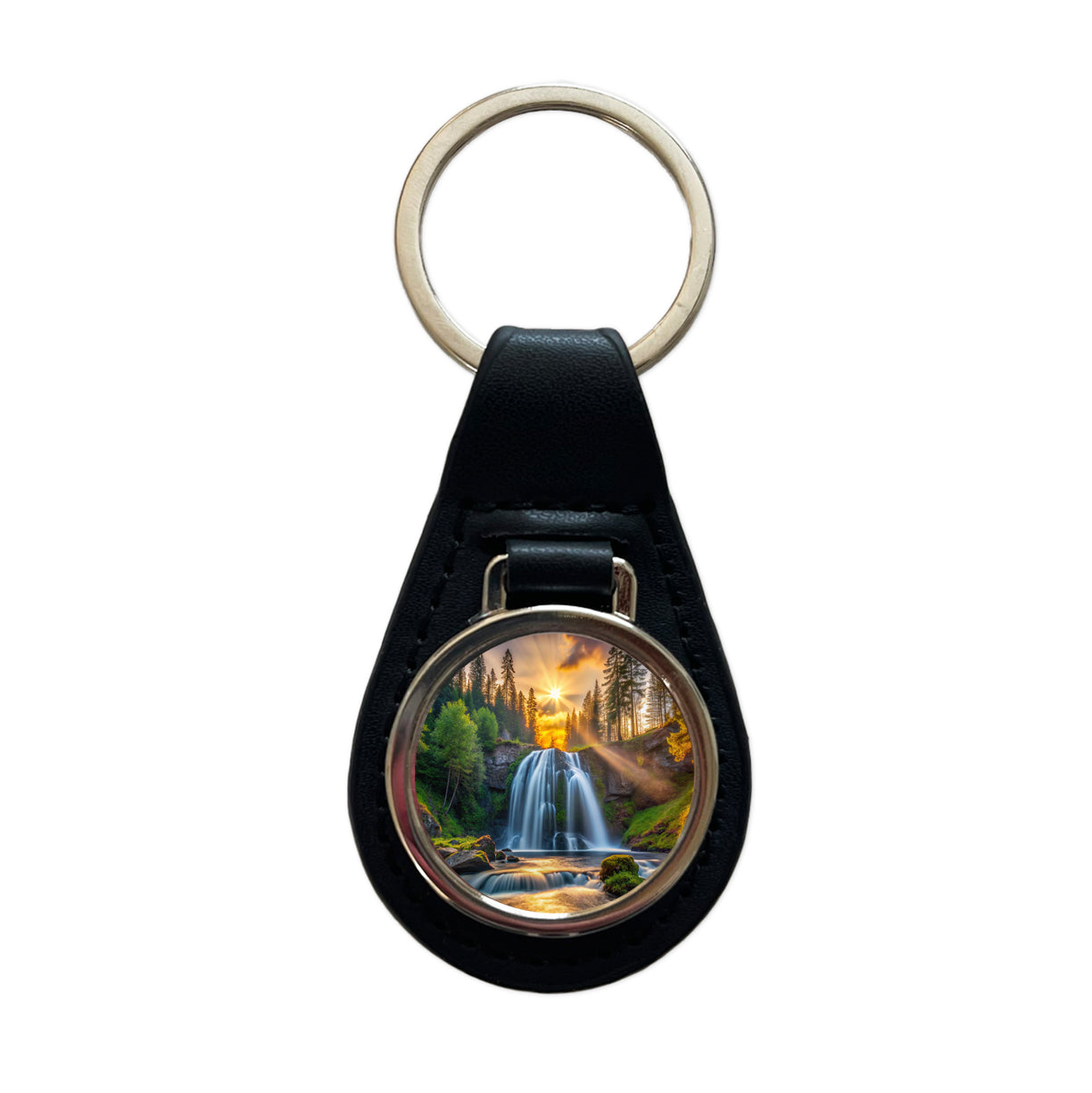 Waterfall In The Forest At Sunset Black Leather Metal Keychain
