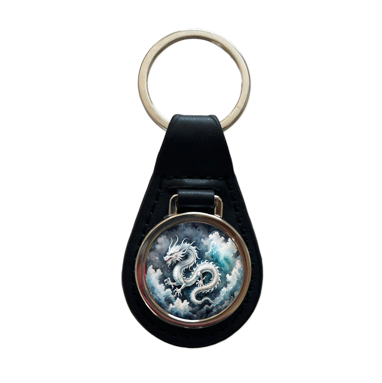 White Asian Dragon On Black Watercolor Black Leather Metal Keychain