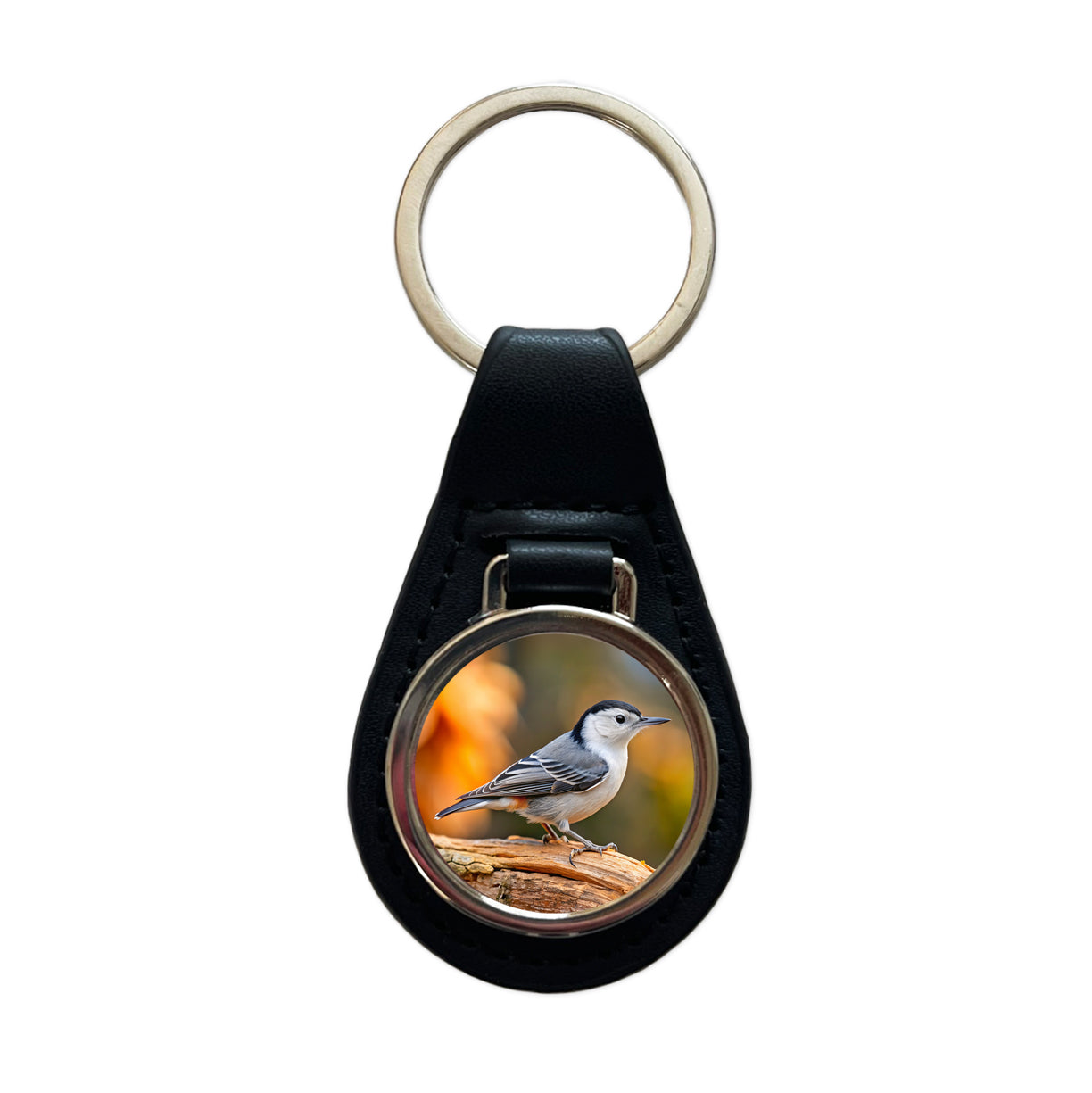 White Breasted Nuthatch Backyard Bird Black Leather Metal Keychain