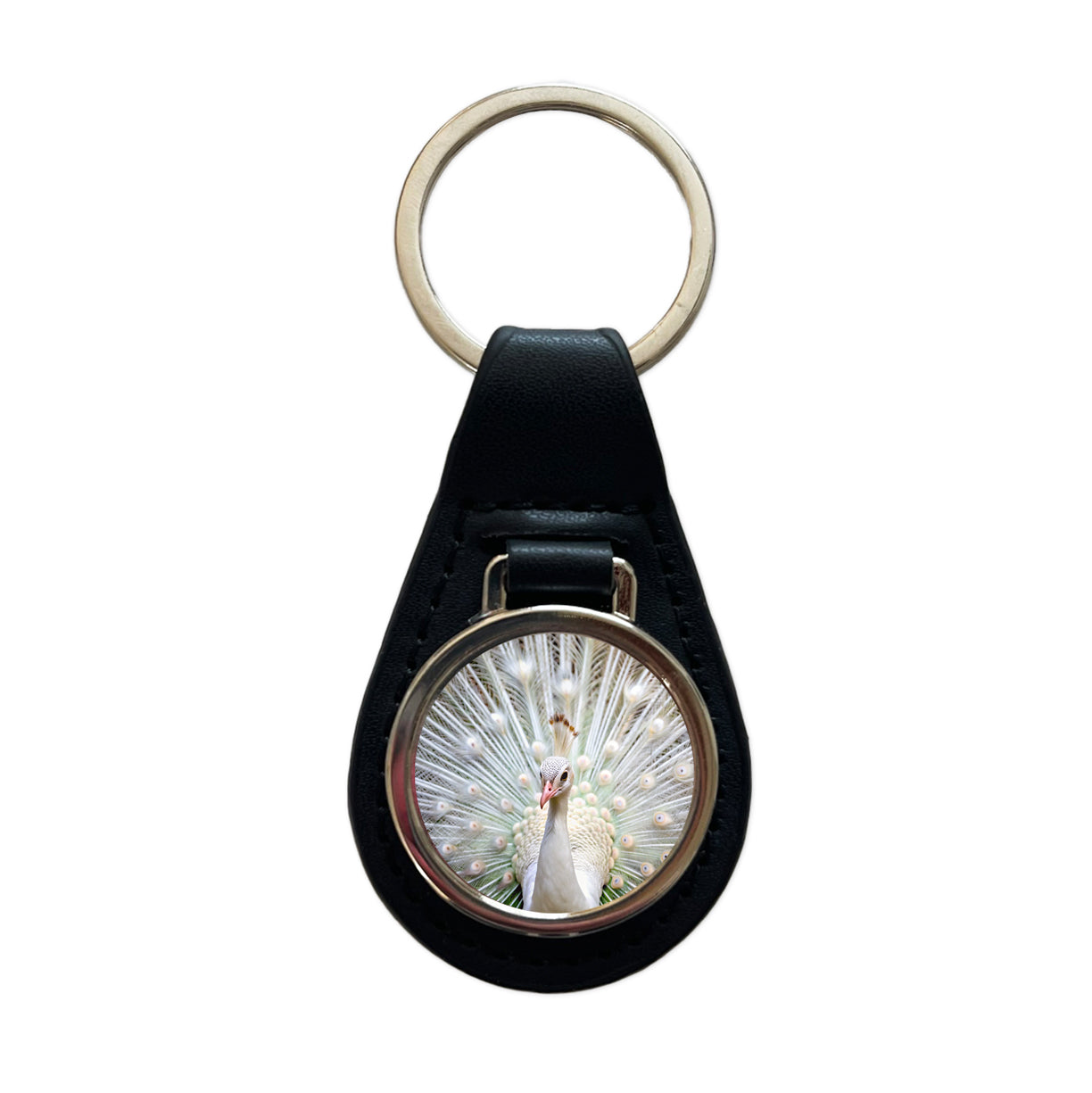 White Peacock Black Leather Metal Keychain