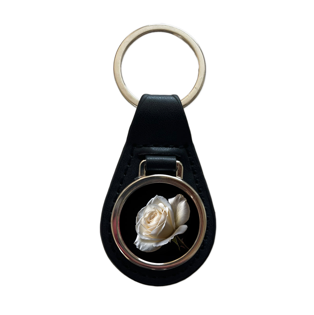 White Rose Black Leather Metal Keychain