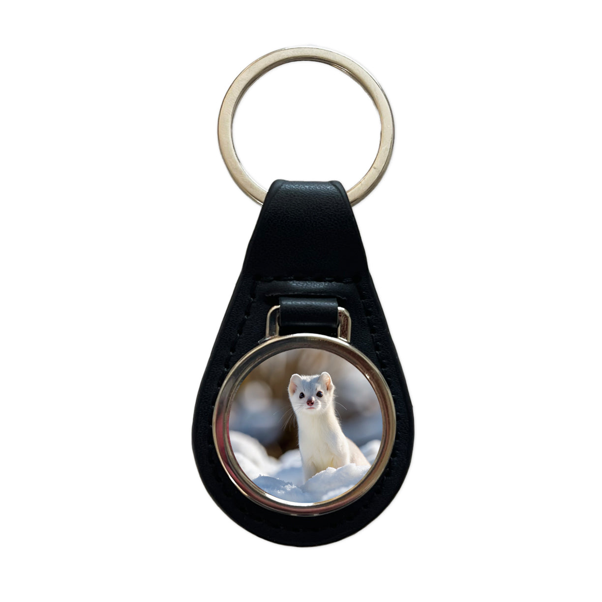 White Stoat Ermine In Snow Black Leather Metal Keychain