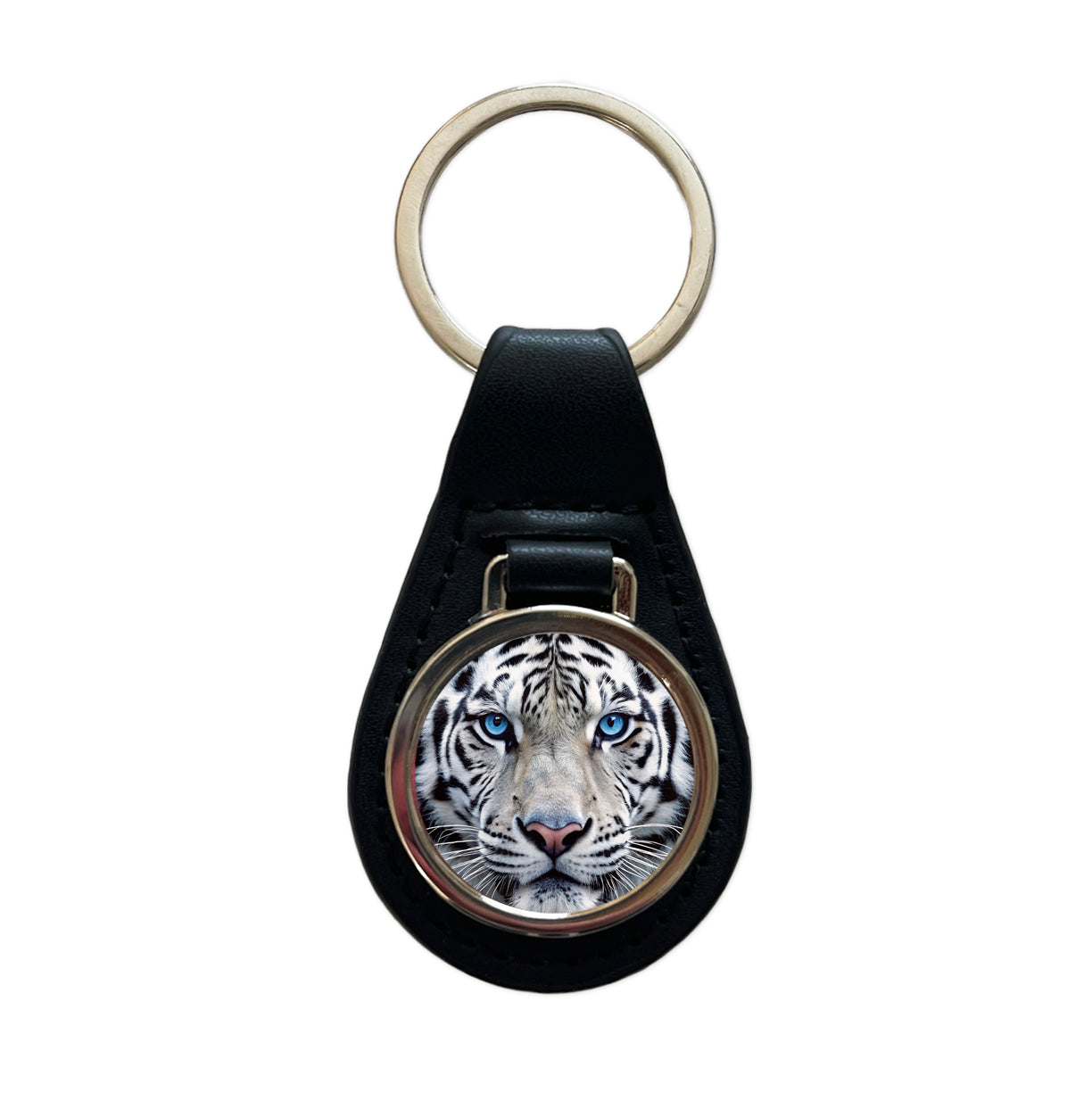 White Tiger Face Black Leather Metal Keychain
