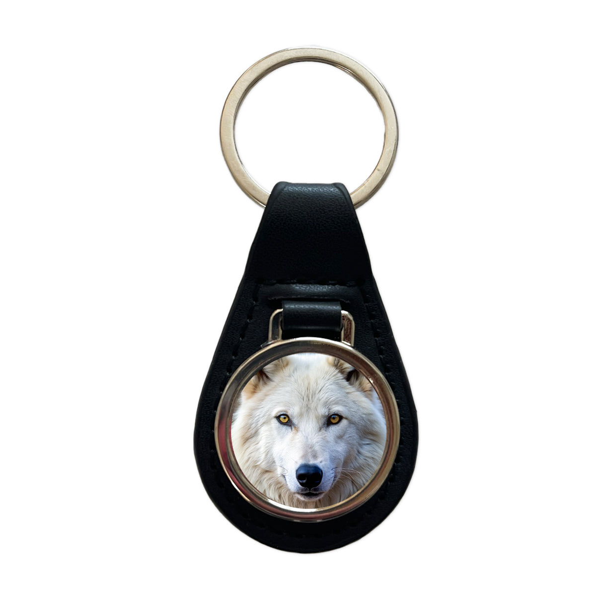 White Wolf Black Leather Metal Keychain