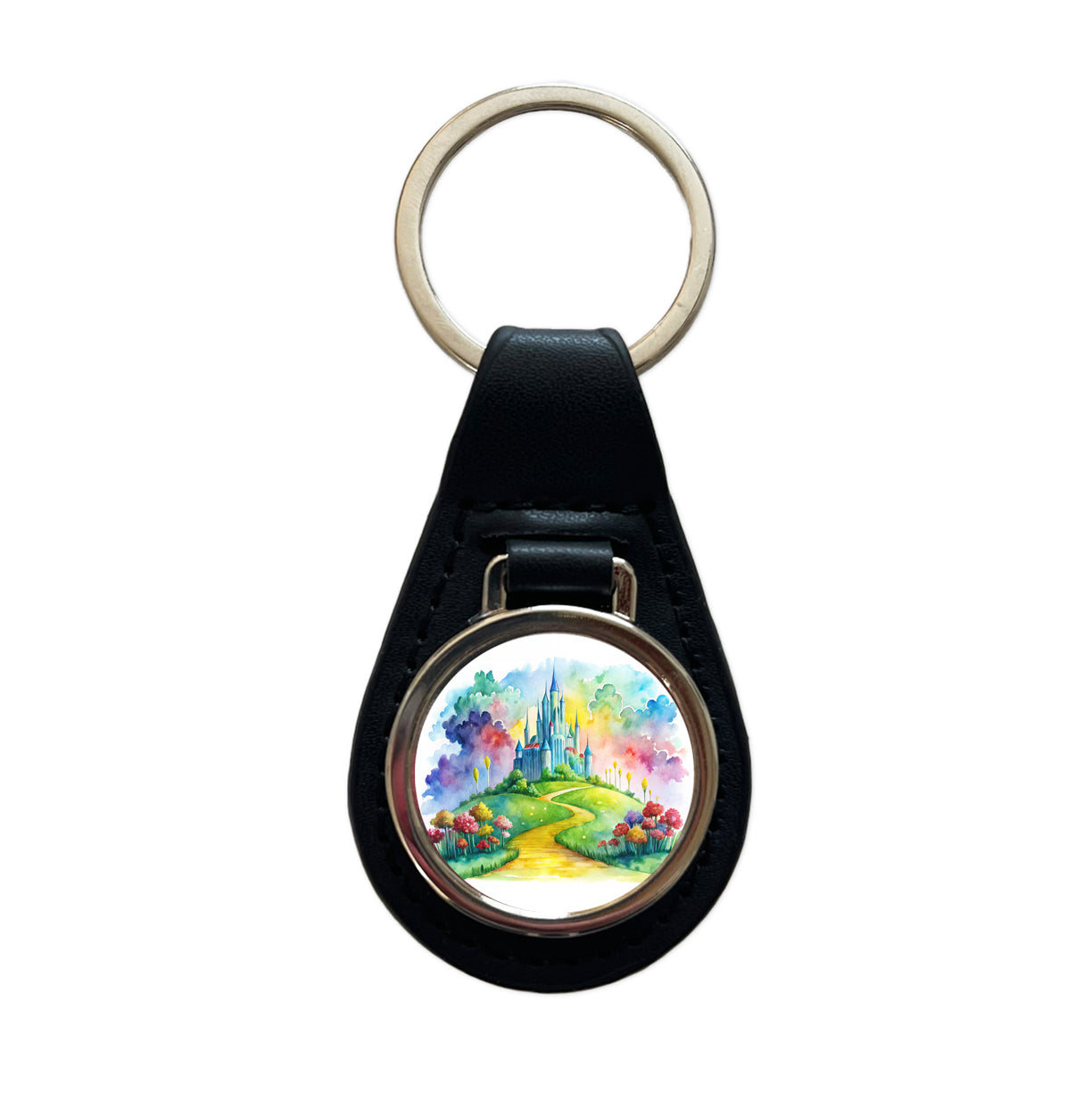 Emerald City Watercolor Black Leather Metal Keychain