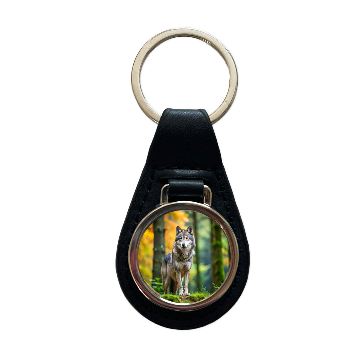 Wolf In The Forest Black Leather Metal Keychain