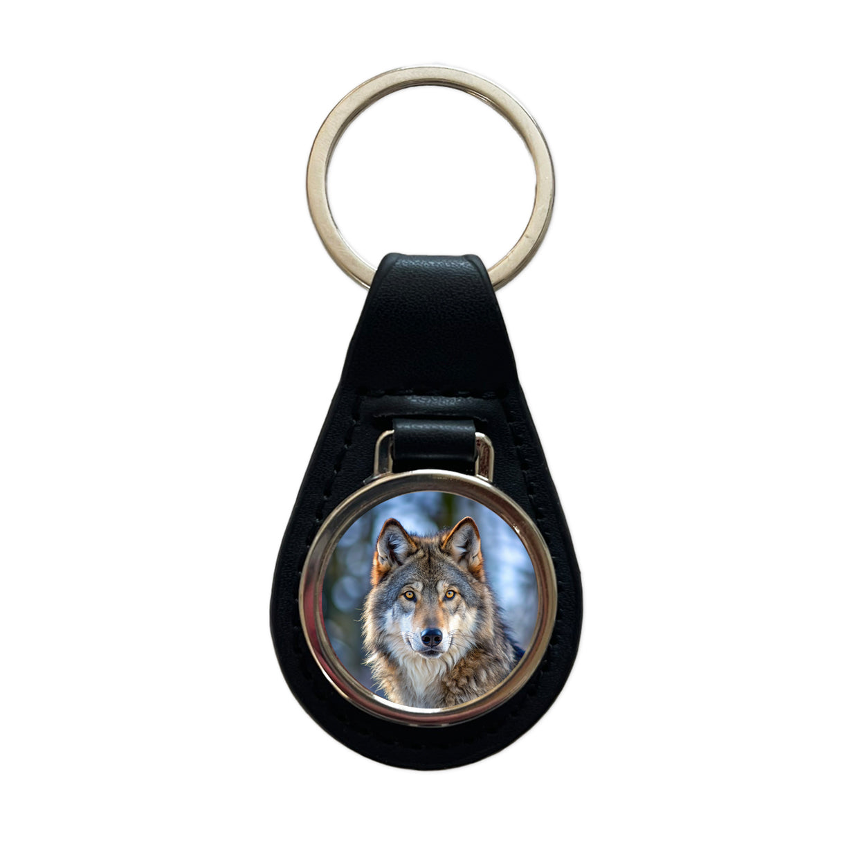 Wolf Black Leather Metal Keychain