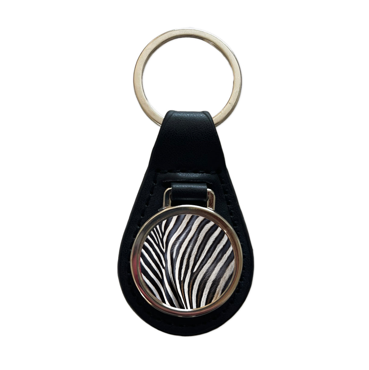 Zebra Black and White Stripes Pattern Black Leather Metal Keychain