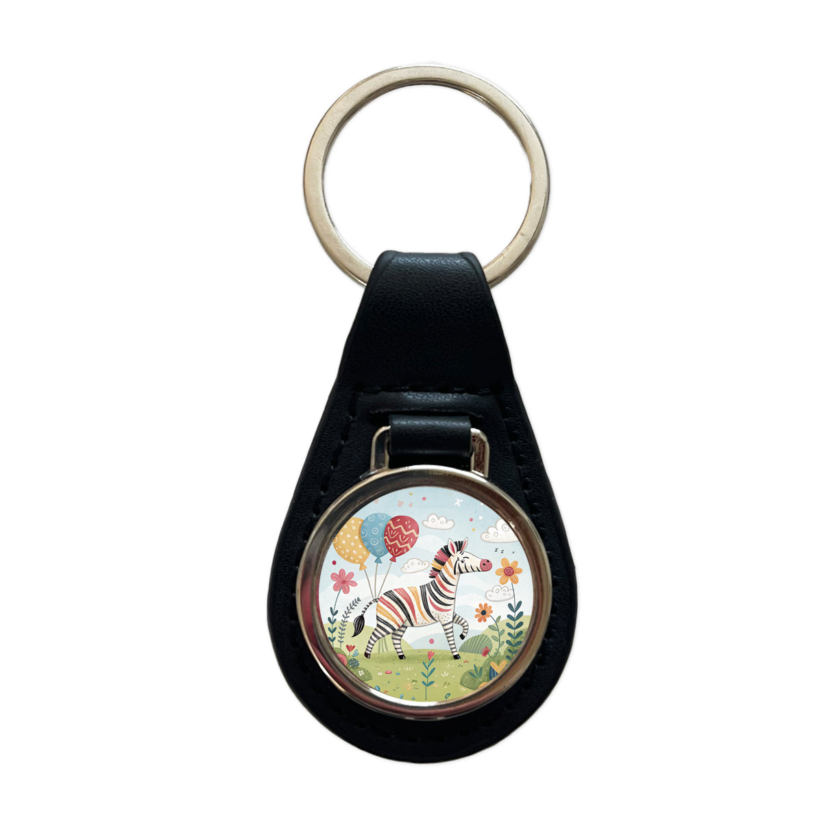 Zebra Children's Illustration Style Black Leather Metal Keychain