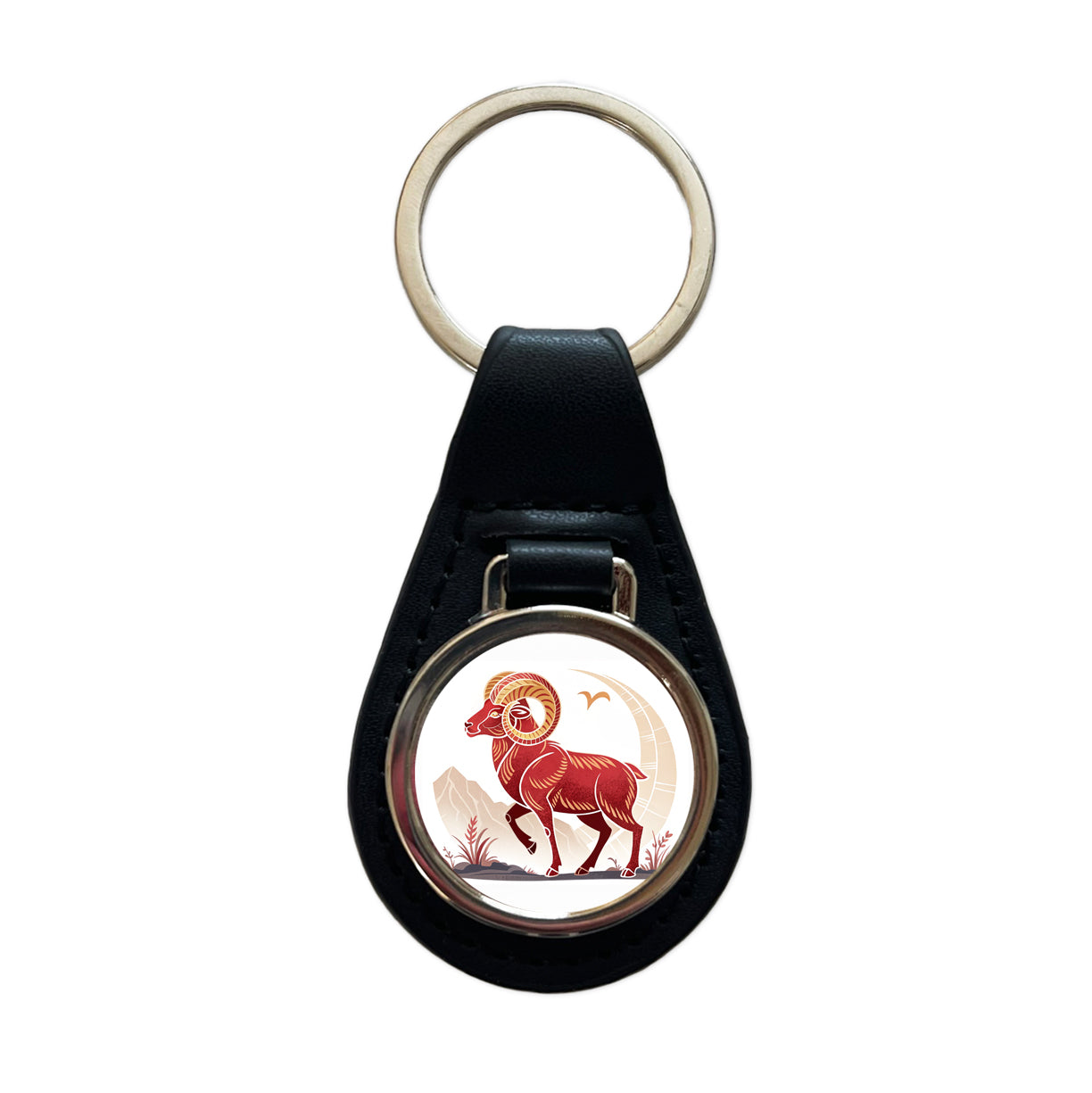 Zodiac Horoscope Symbol Aries Ram Black Leather Metal Keychain