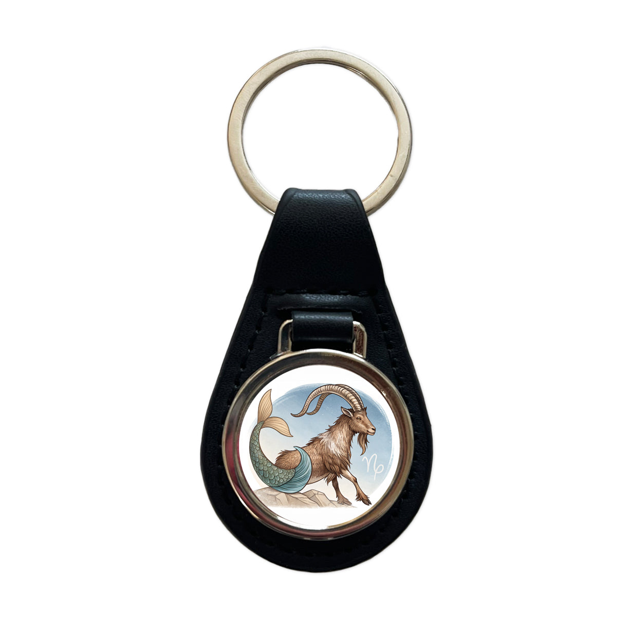 Zodiac Horoscope Symbol Capricorn Sea Goat Black Leather Metal Keychain