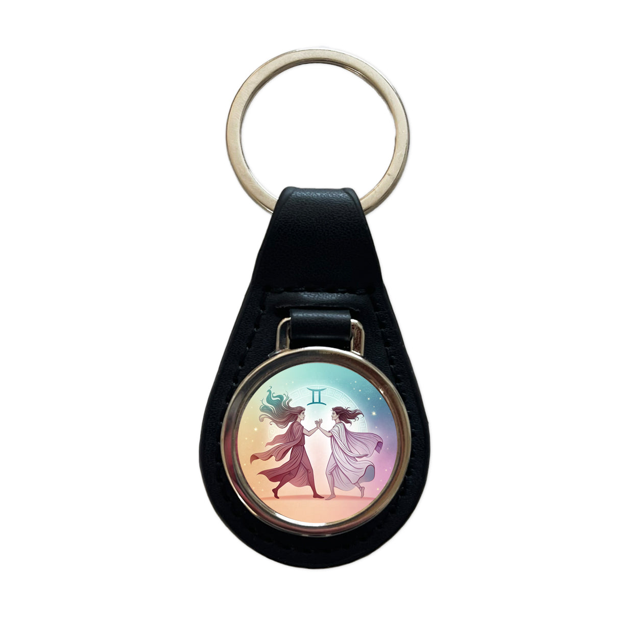Zodiac Horoscope Symbol Gemini Twins Black Leather Metal Keychain