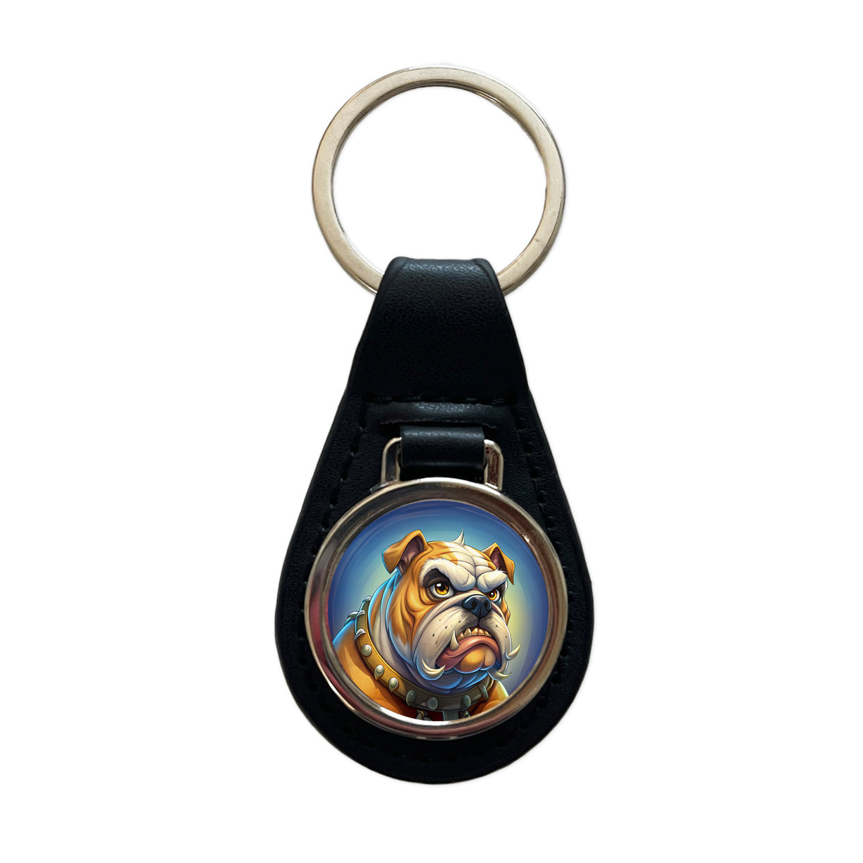 Angry Mad Bulldog Face School Mascot Black Leather Metal Keychain