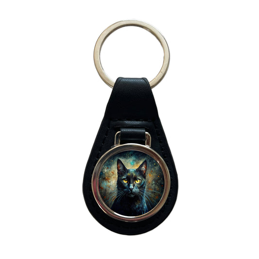 Black Cat Abstract Art Black Leather Metal Keychain
