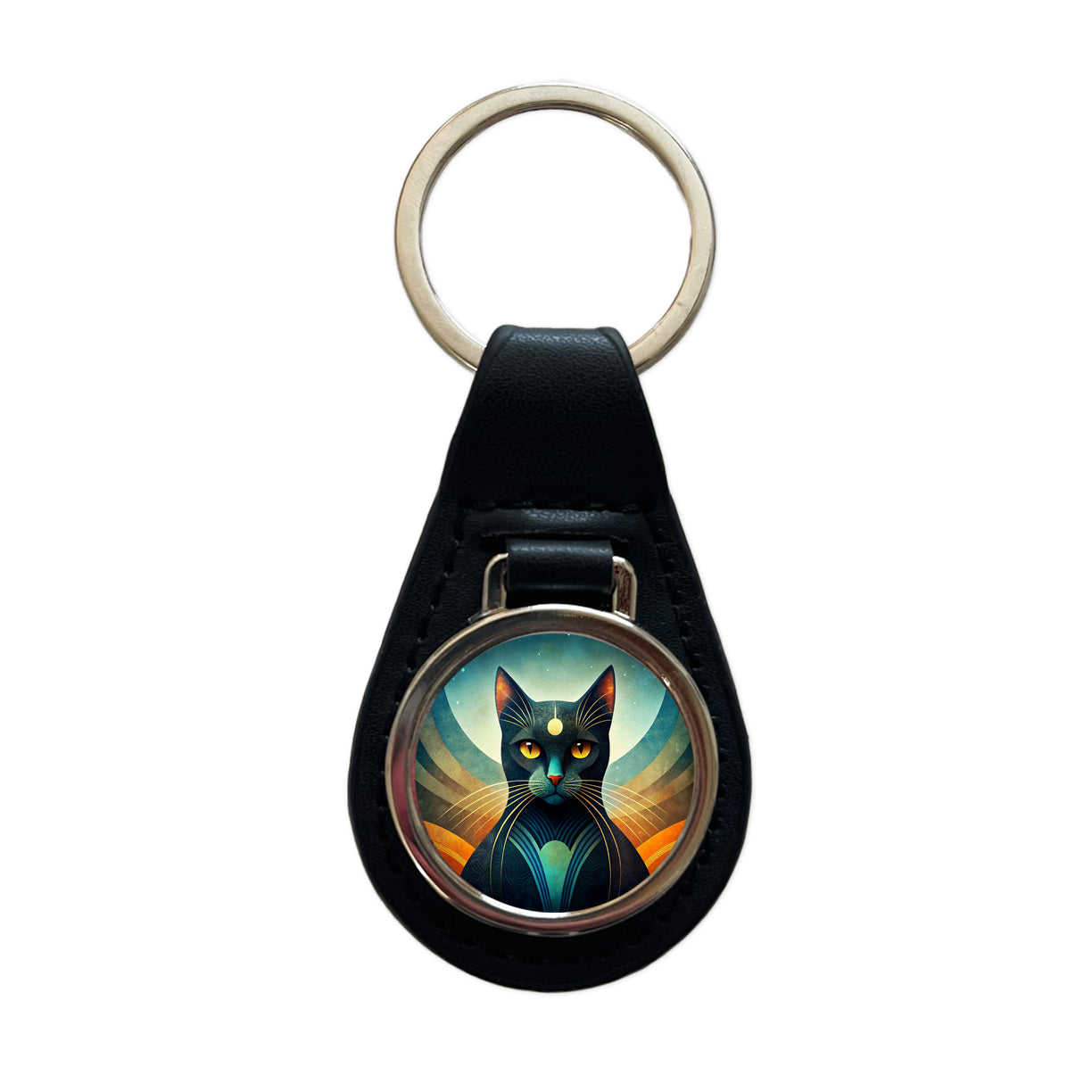 Black Cat Abstract Stylized Art Black Leather Metal Keychain
