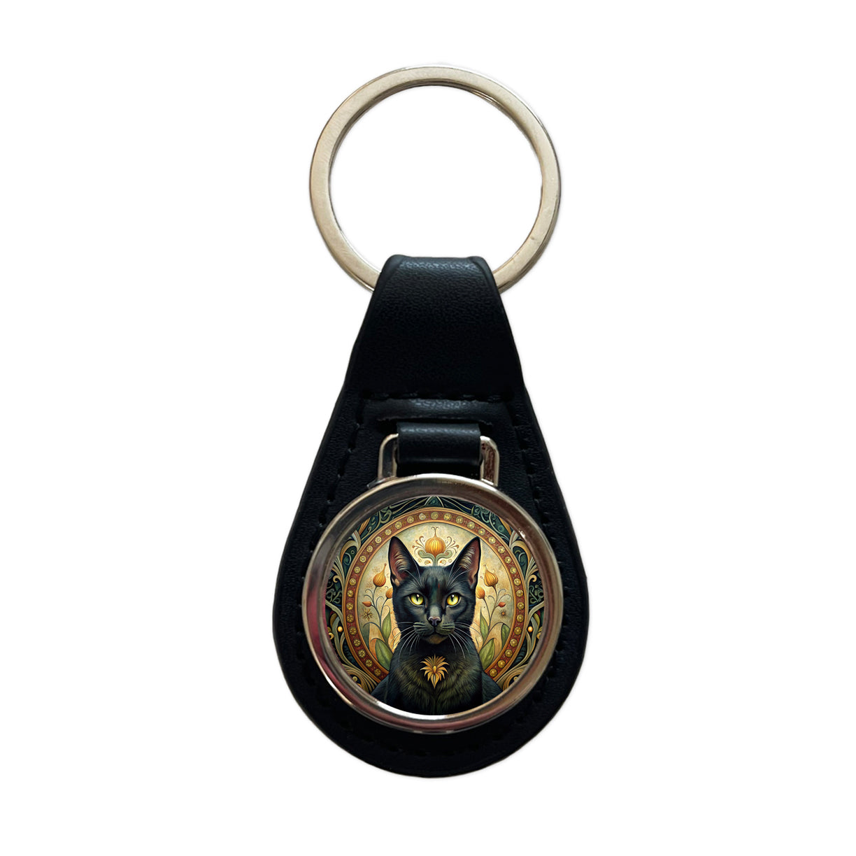 Black Cat Art Nouveau Black Leather Metal Keychain