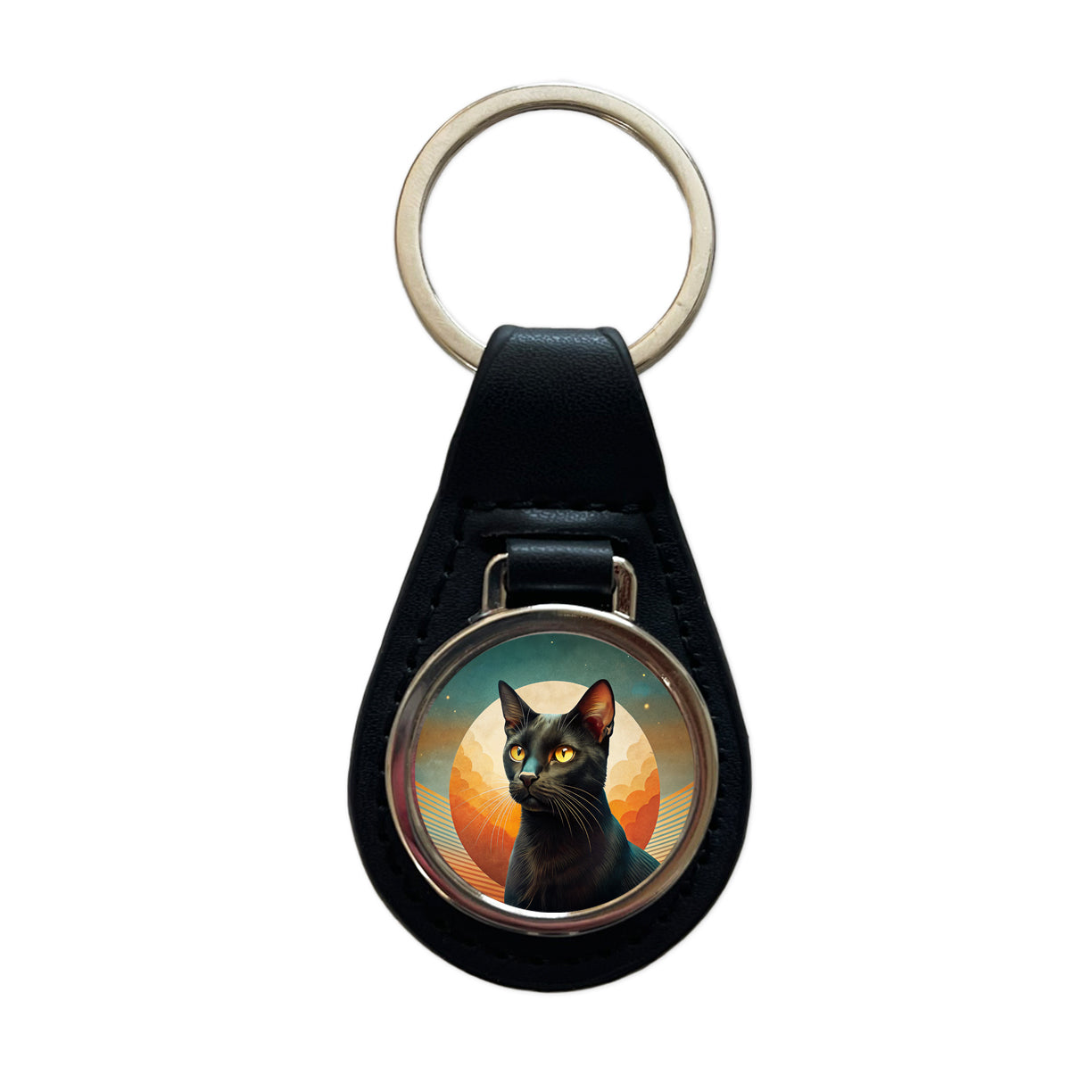 Black Cat Contemporary Art Black Leather Metal Keychain