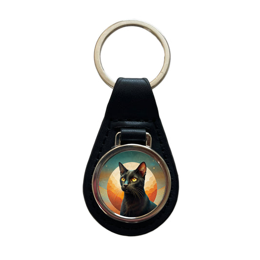 Black Cat Contemporary Art Black Leather Metal Keychain