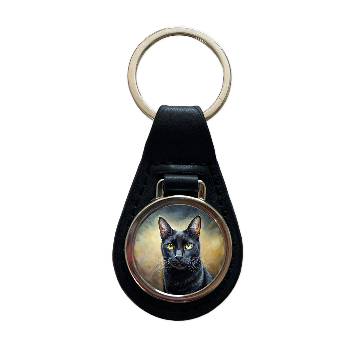 Black Cat Illustration Black Leather Metal Keychain