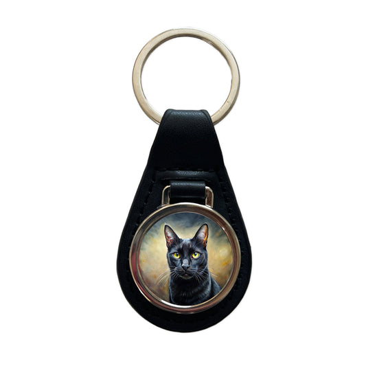 Black Cat Illustration Black Leather Metal Keychain