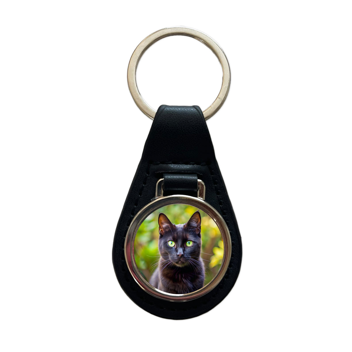 Black Cat Photo Black Leather Metal Keychain
