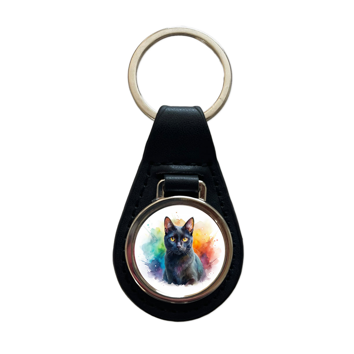 Black Cat Watercolor Style Black Leather Metal Keychain
