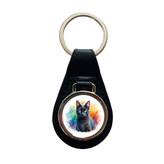 Black Cat Watercolor Style Black Leather Metal Keychain