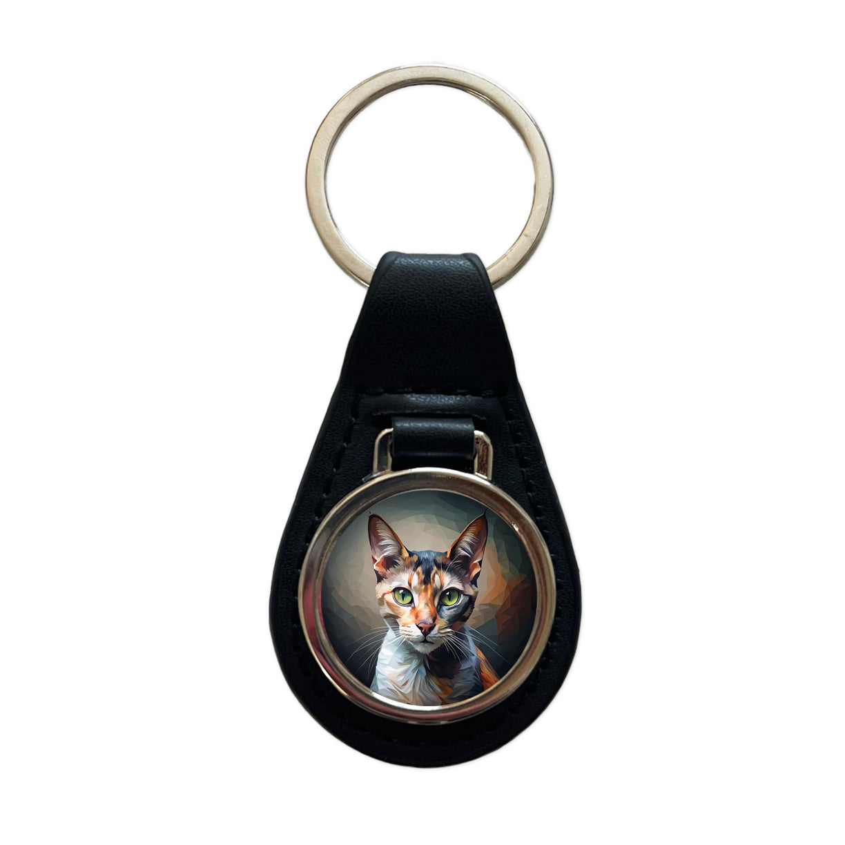 Calico Cat Abstract Stylized Art Black Leather Metal Keychain